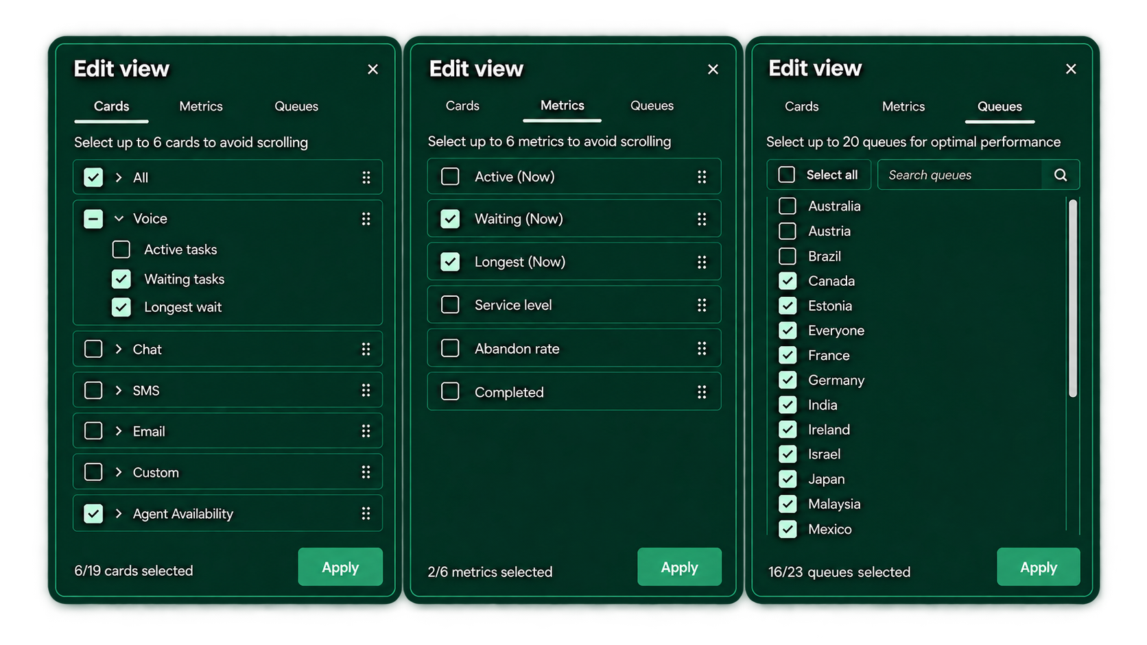 Anonymised redesigned Edit view showing separate Cards, Metrics, and Queues screens