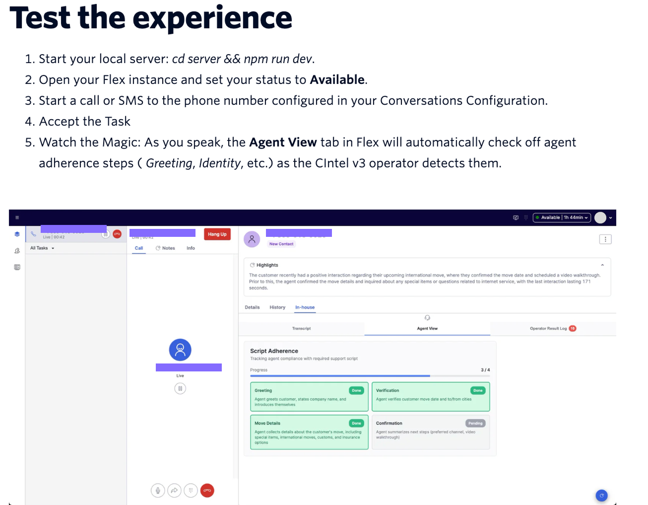 Live conversation workspace with a customer experience professional view and script adherence progress