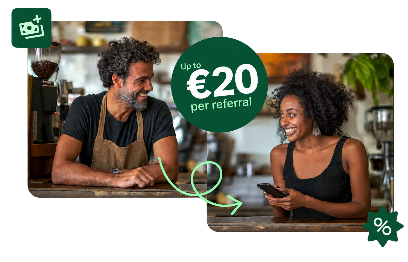 Two merchants in a café with a promotional badge reading Up to €20 per referral